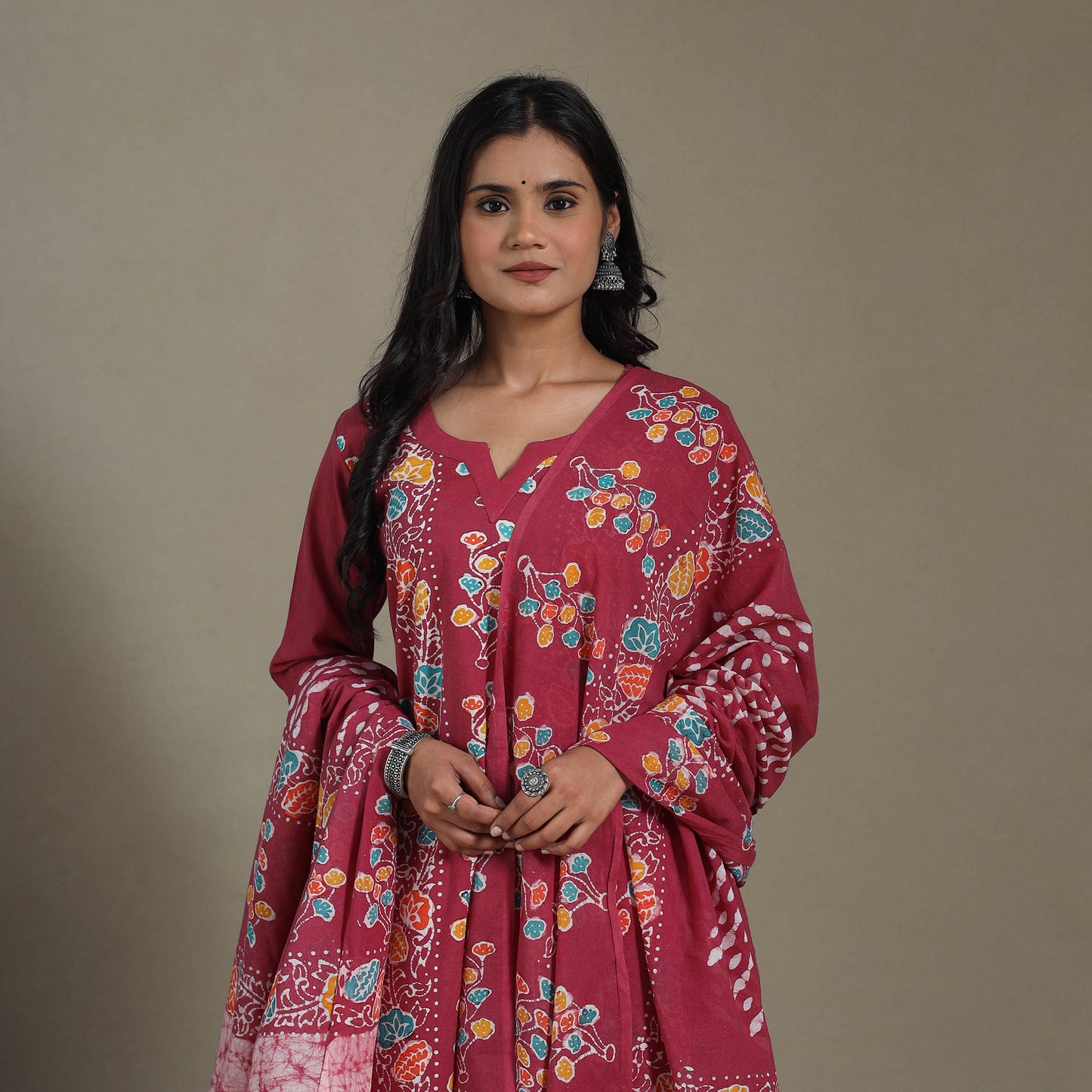 Pink Cotton Indonesian Hand Batik Print Kurta Set (Set of 3)