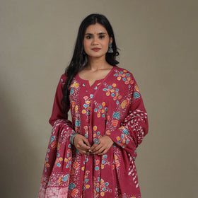 Pink Cotton Indonesian Hand Batik Print Kurta Set (Set of 3)