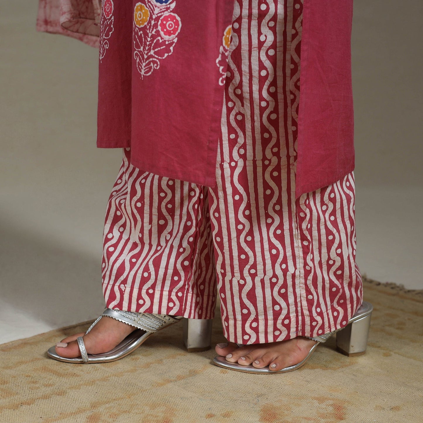 Pink Cotton Indonesian Hand Batik Print Kurta Set (Set of 3)