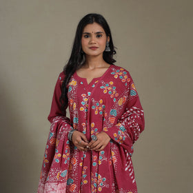 Pink Cotton Indonesian Hand Batik Print Kurta Set (Set of 3)