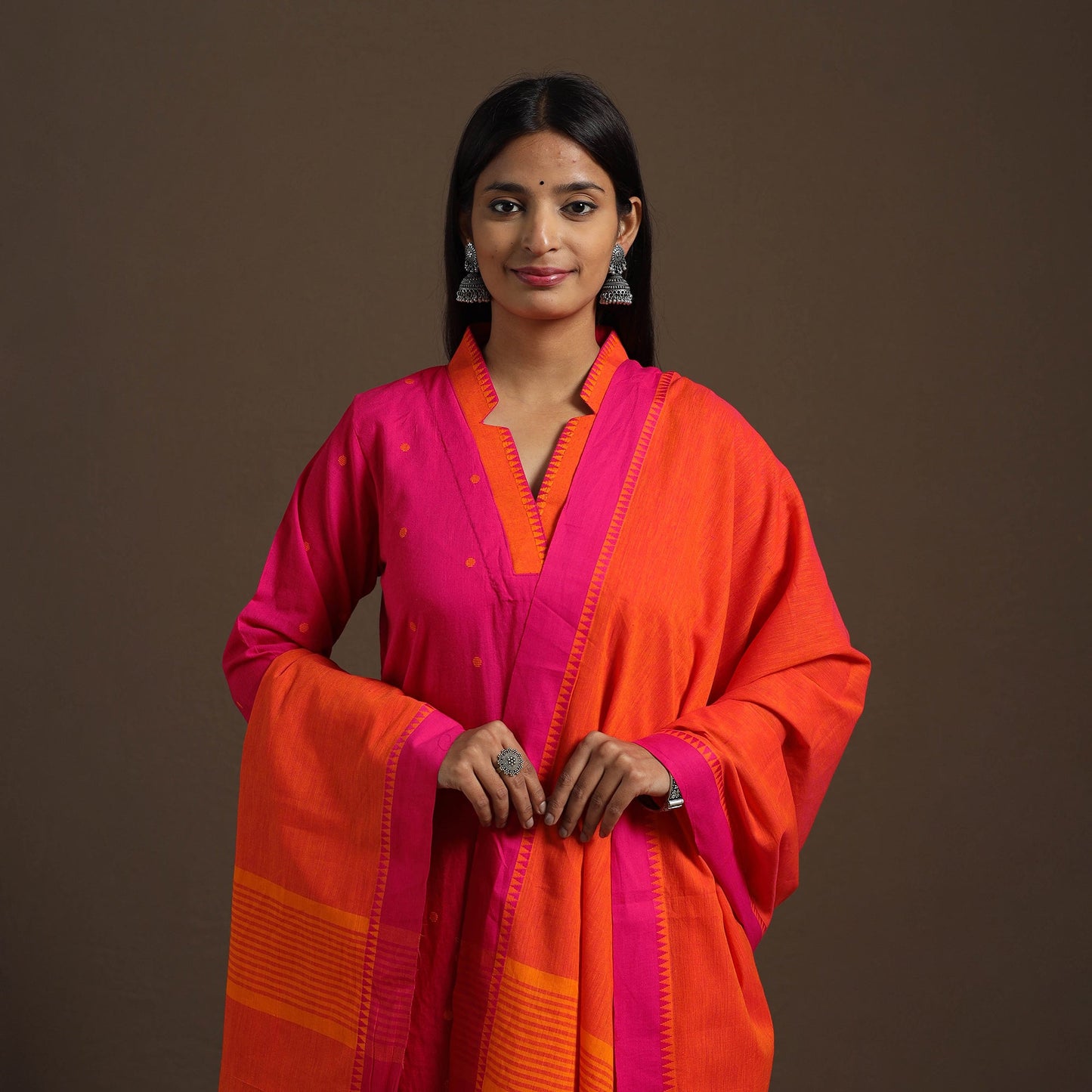 Pink Cotton Jacquard Kurta Set (Set of 3)