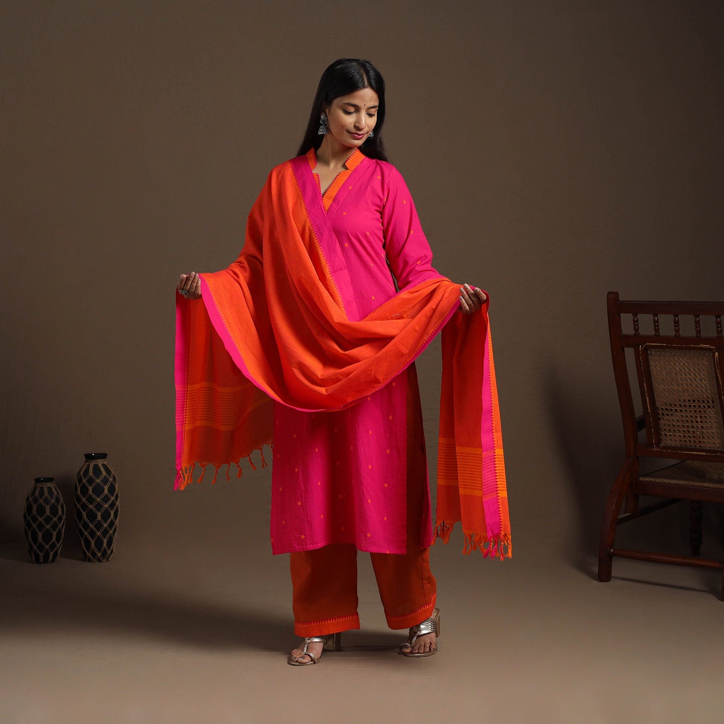 Pink Cotton Jacquard Kurta Set (Set of 3)