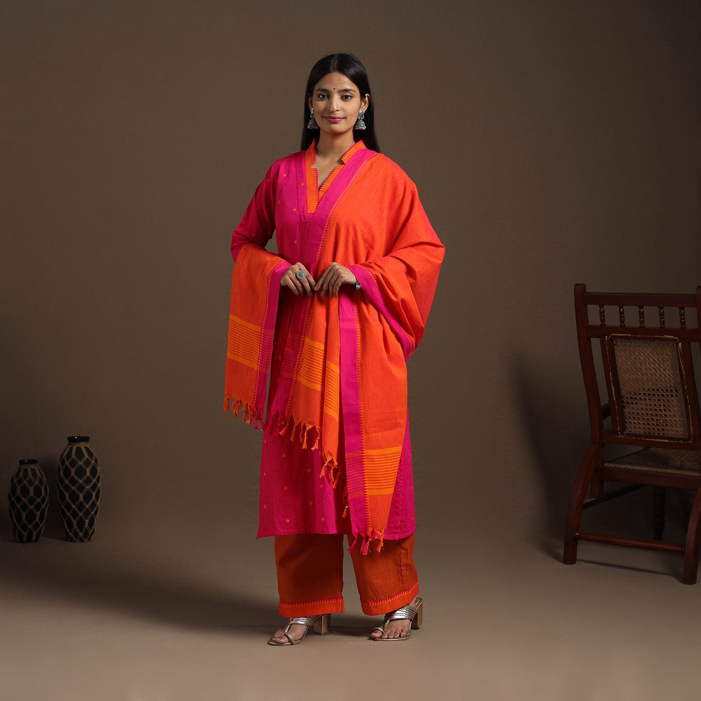 Pink Cotton Jacquard Kurta Set (Set of 3)