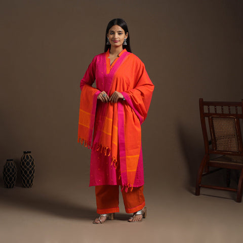 Pink Cotton Jacquard Kurta Set (Set of 3)