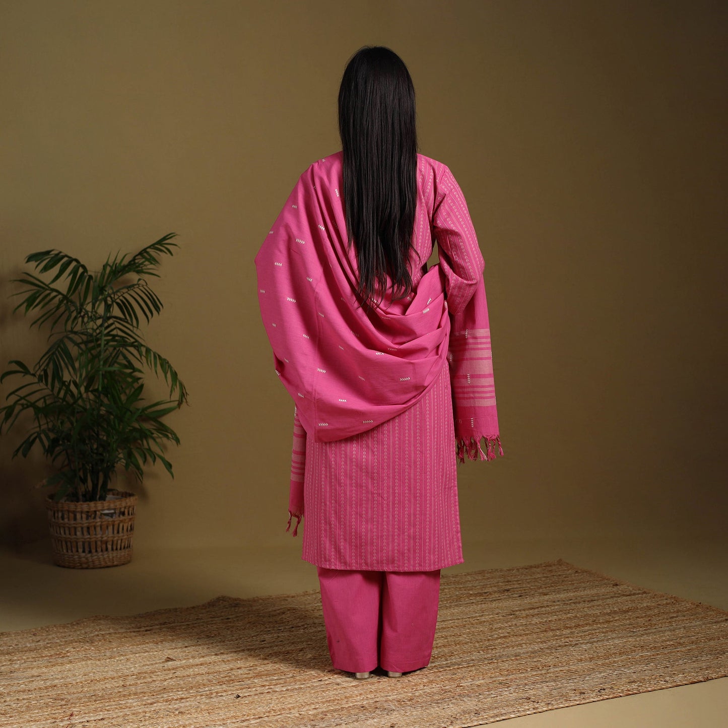 Pink - cotton jacquard kurta set (set of 3) 05 - handcrafted