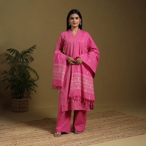 Pink - cotton jacquard kurta set (set of 3) 05 - handcrafted