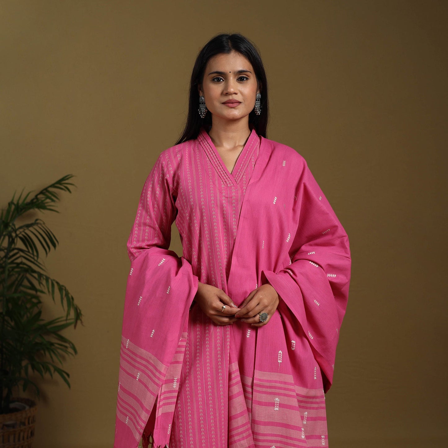 Pink - cotton jacquard kurta set (set of 3) 05 - handcrafted