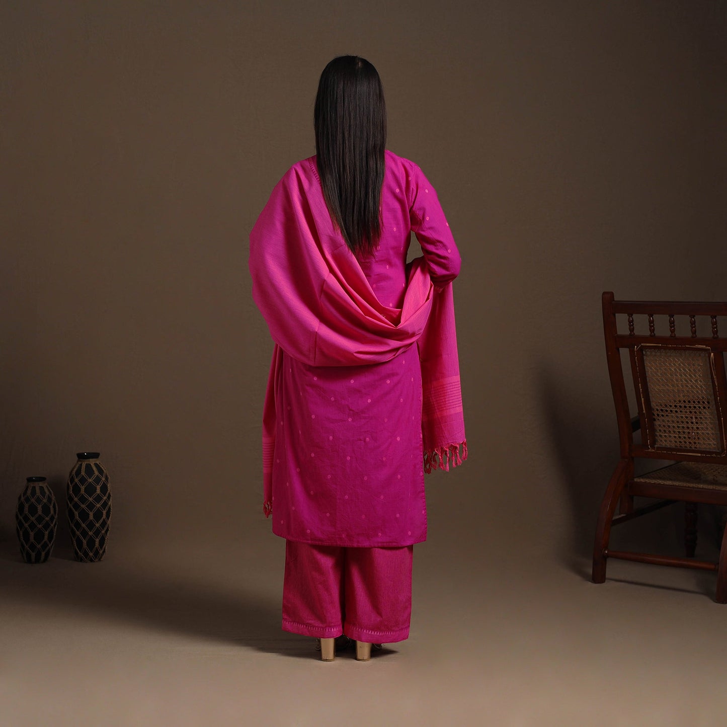 Pink Cotton Jacquard Kurta Set (Set of 3)