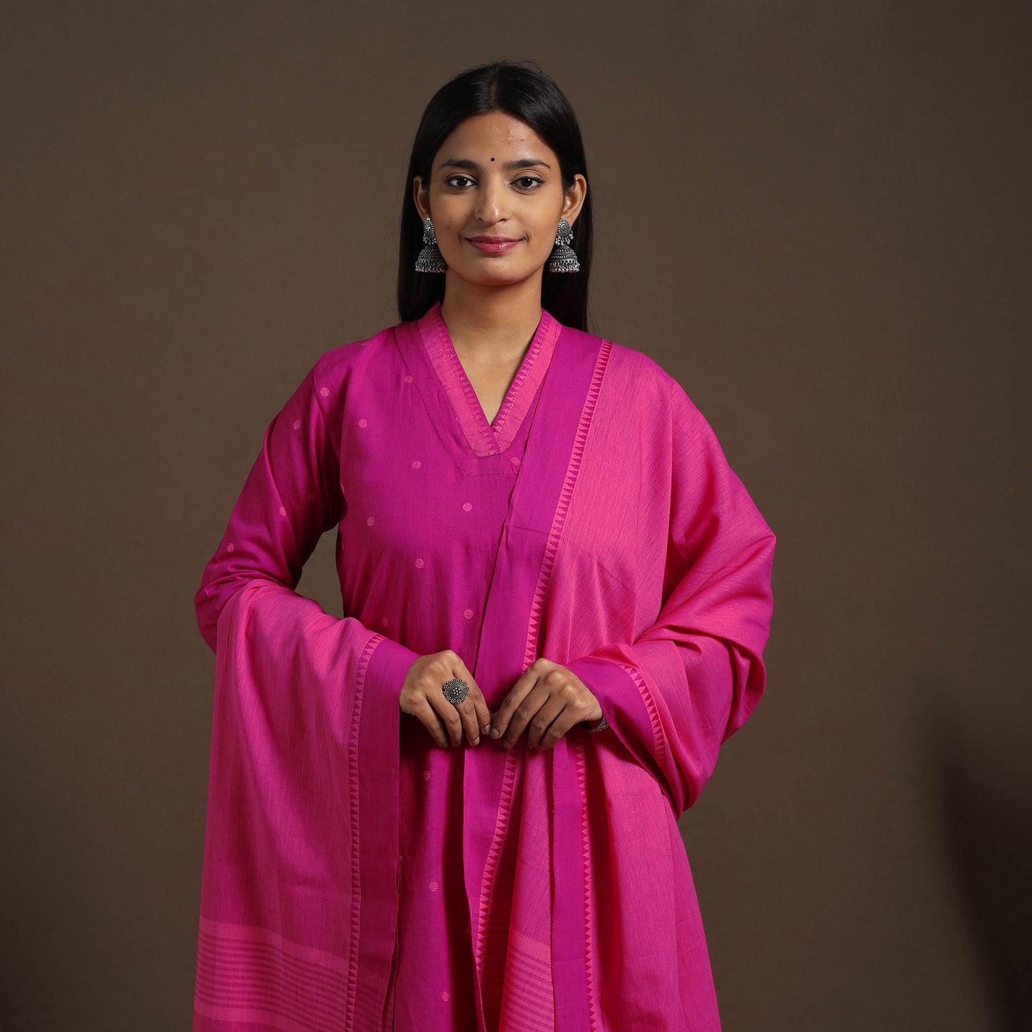 Pink Cotton Jacquard Kurta Set (Set of 3)