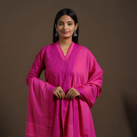 Pink Cotton Jacquard Kurta Set (Set of 3)