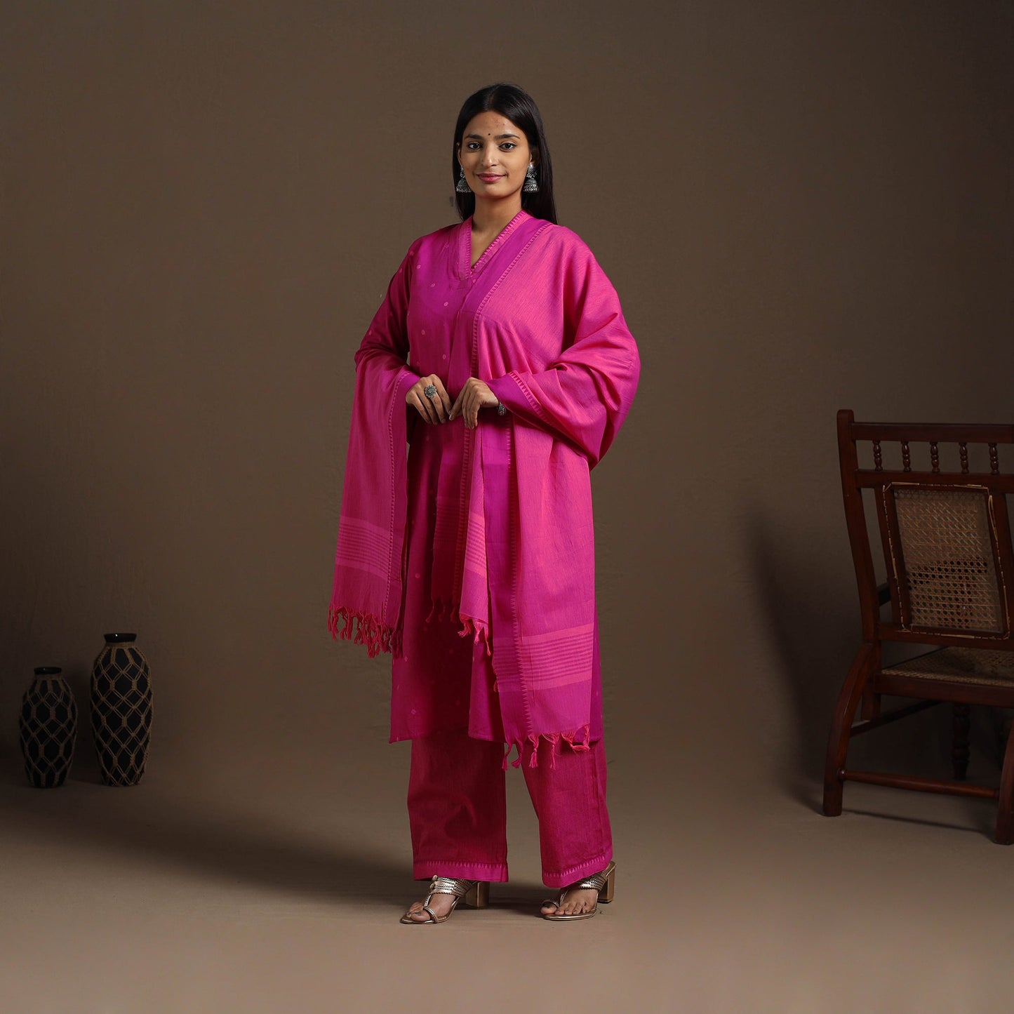 Pink Cotton Jacquard Kurta Set (Set of 3)