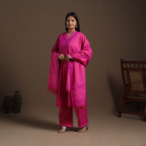 Pink Cotton Jacquard Kurta Set (Set of 3)
