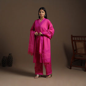 Pink Cotton Jacquard Kurta Set (Set of 3)