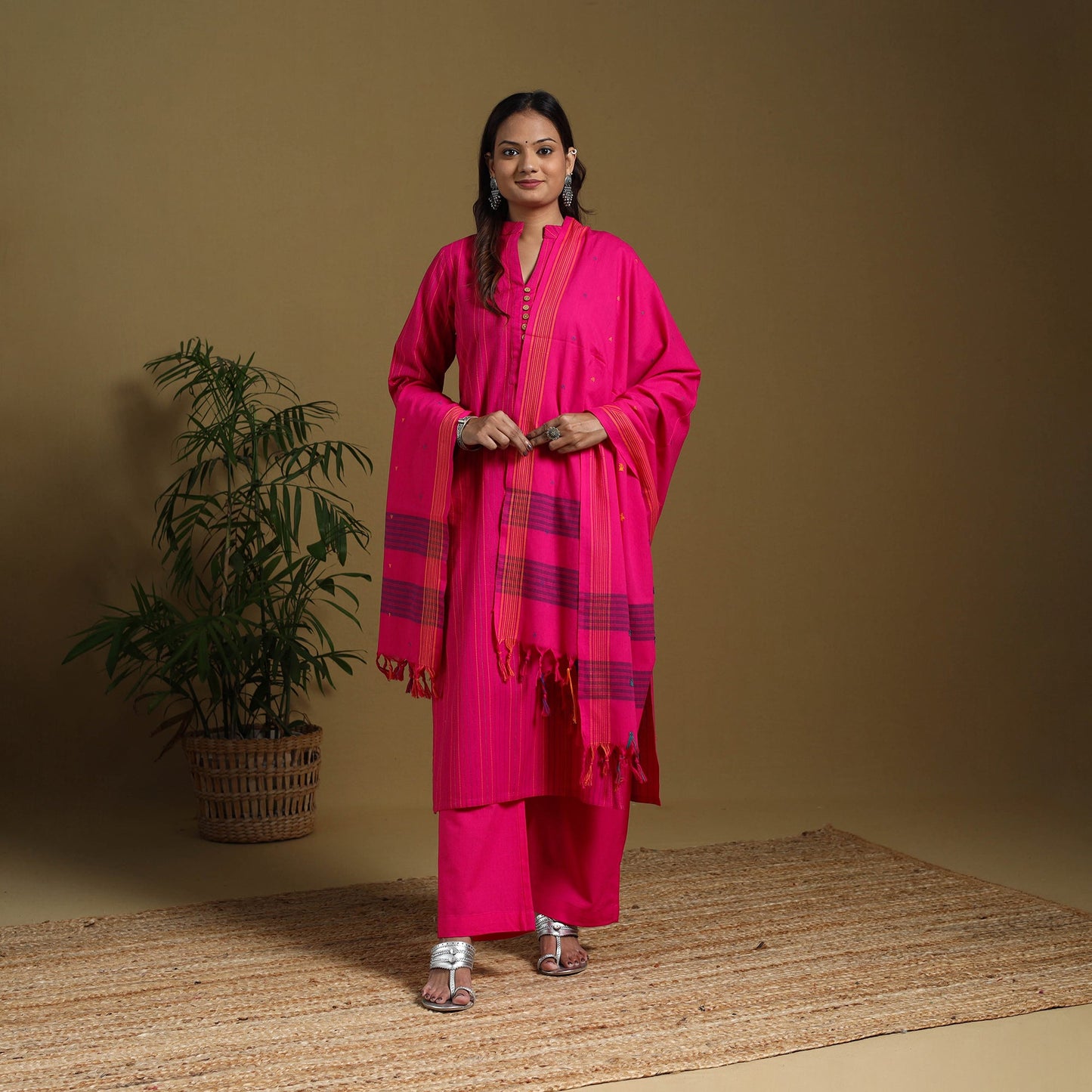 Pink - cotton jacquard kurta set (set of 3) 11 - handcrafted