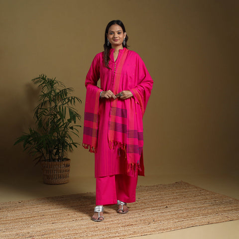 Pink - cotton jacquard kurta set (set of 3) 11 - handcrafted