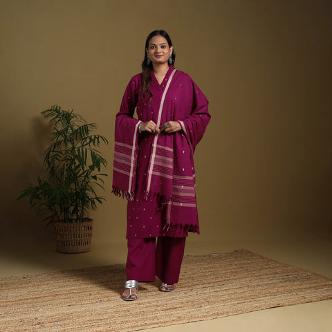 Pink - cotton jacquard kurta set (set of 3) 15 - handcrafted