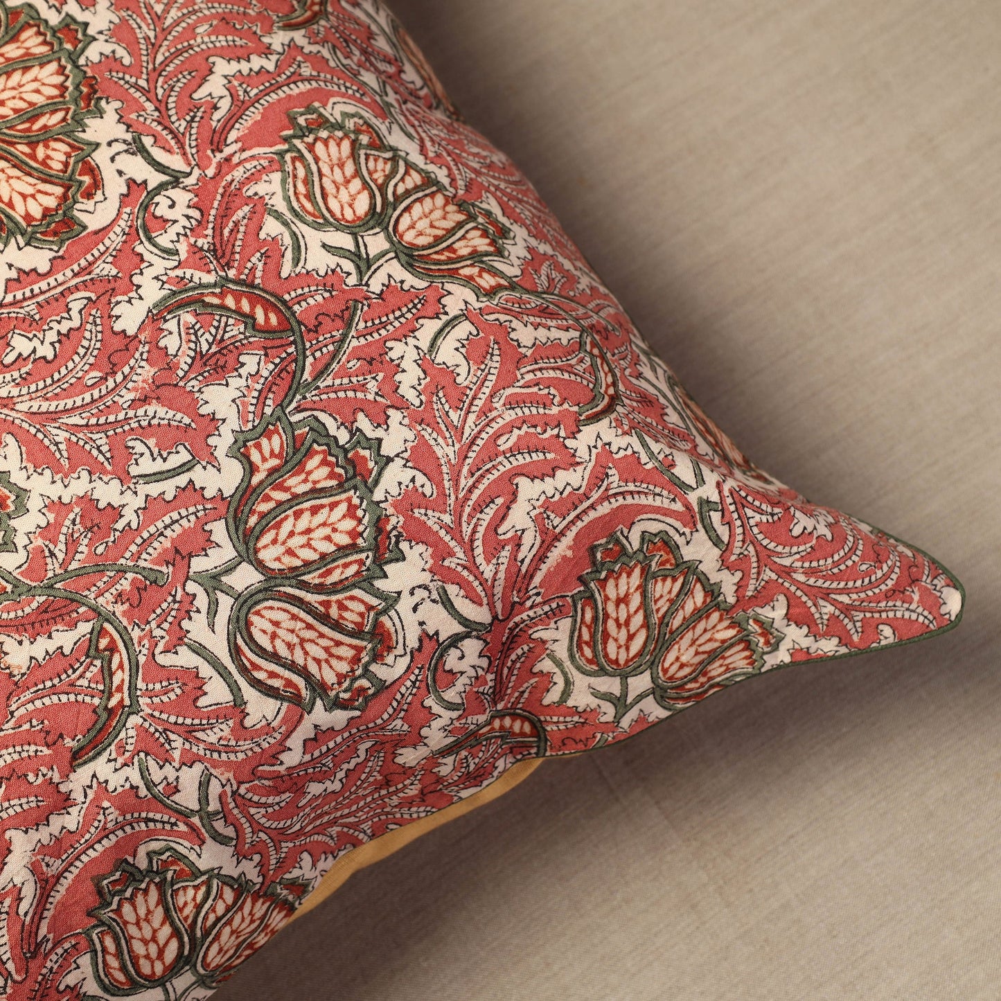  Pink Block Print Cotton Kalamkari Cushion Cover