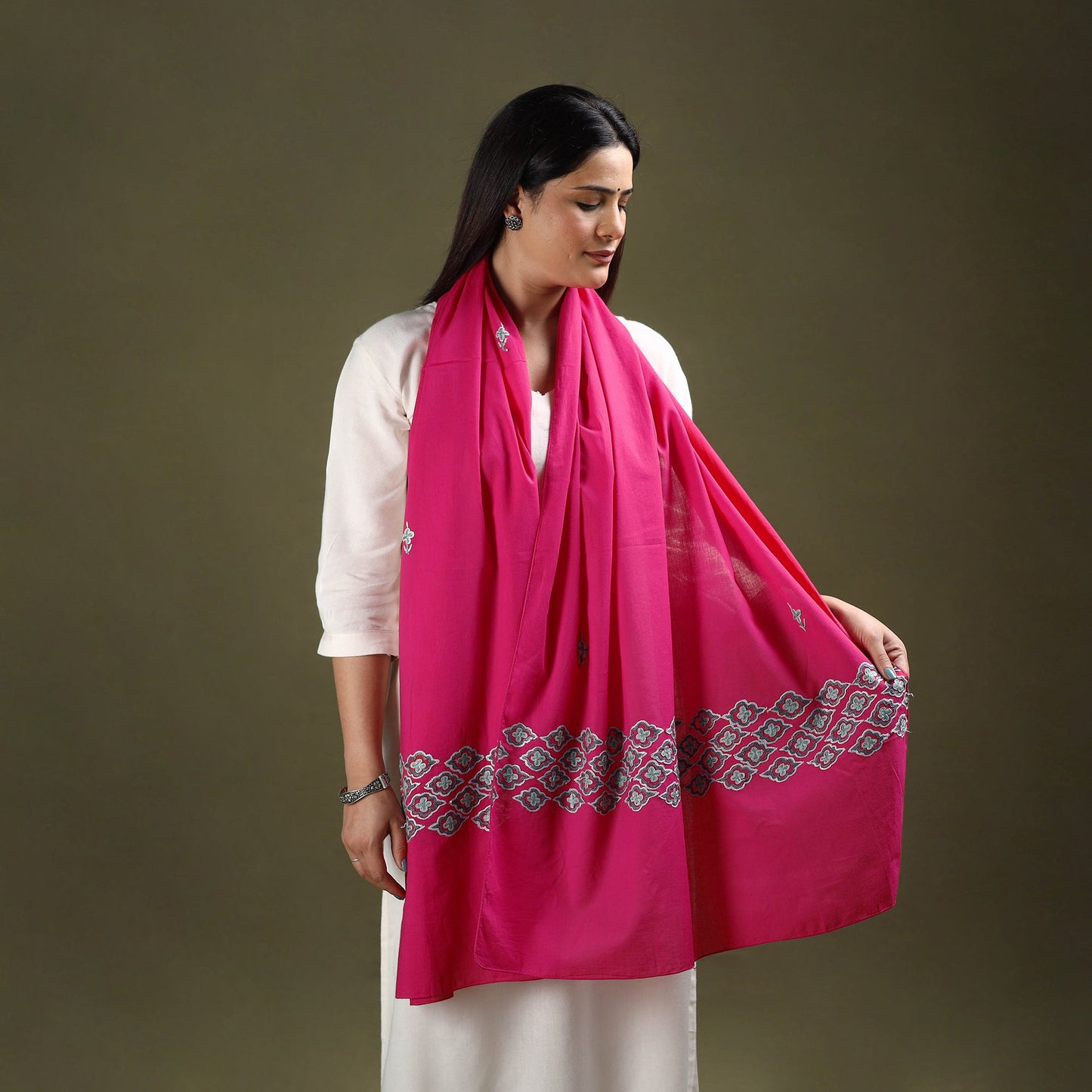  Pink Cotton Kashida Embroidery Stole