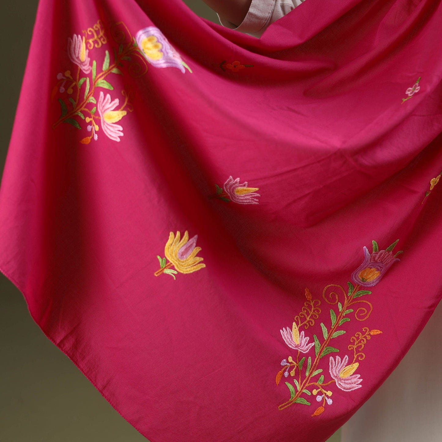 Pink Cotton Kashida Embroidery Stole
