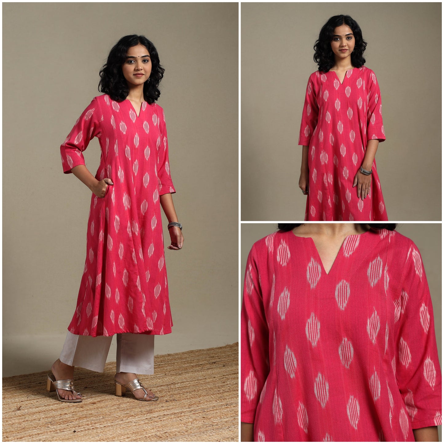 Pink - cotton a-line pochampally ikat kurta 02 - handcrafted