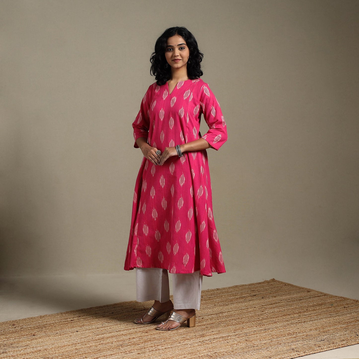 Pink - cotton a-line pochampally ikat kurta 02 - handcrafted