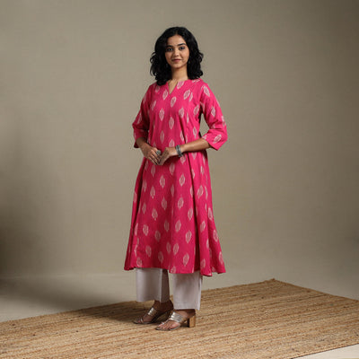 Pink - cotton a-line pochampally ikat kurta 02 - handcrafted