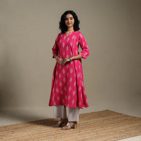 Pink - cotton a-line pochampally ikat kurta 02 - handcrafted