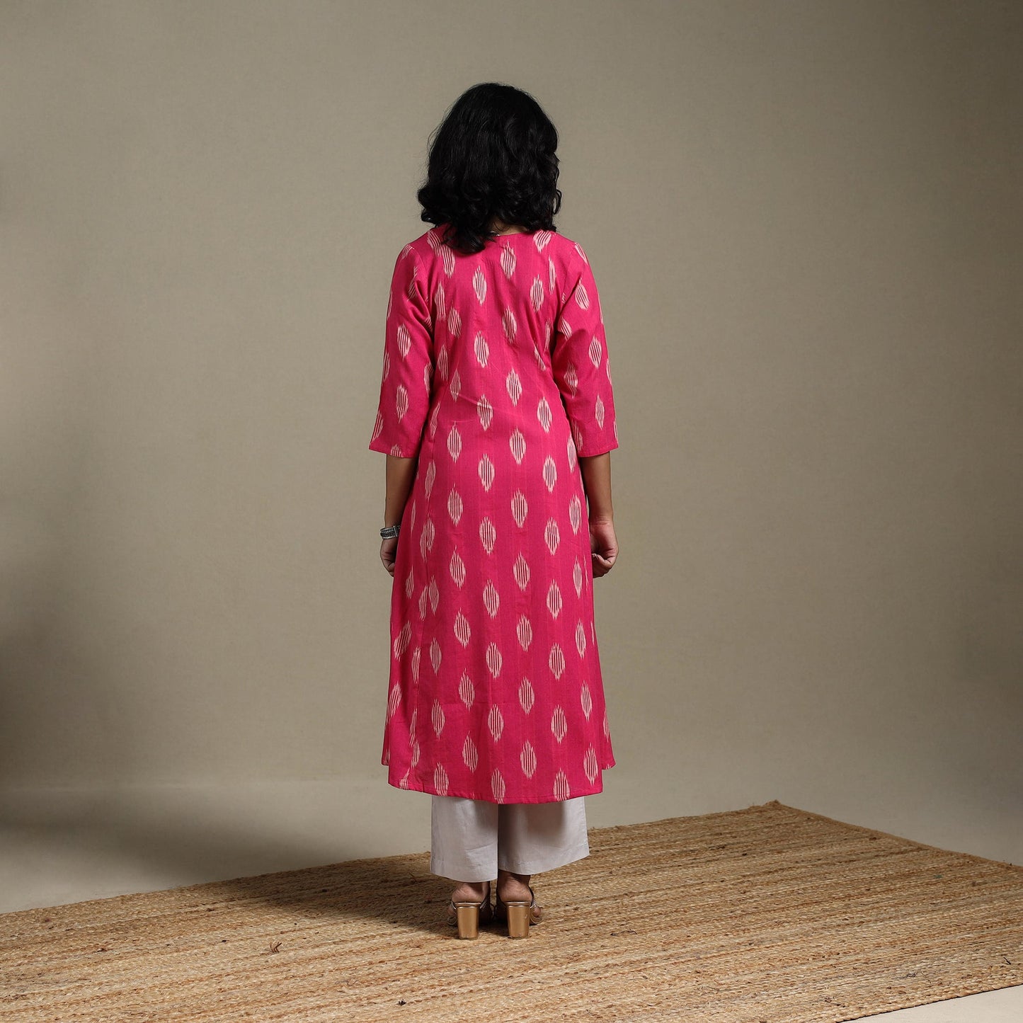 Pink - cotton a-line pochampally ikat kurta 02 - handcrafted