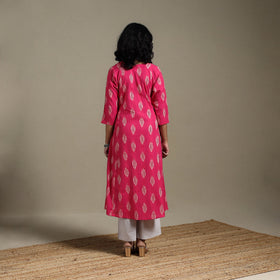 Pink - cotton a-line pochampally ikat kurta 02 - handcrafted
