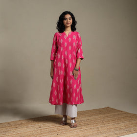 Pink - cotton a-line pochampally ikat kurta 02 - handcrafted