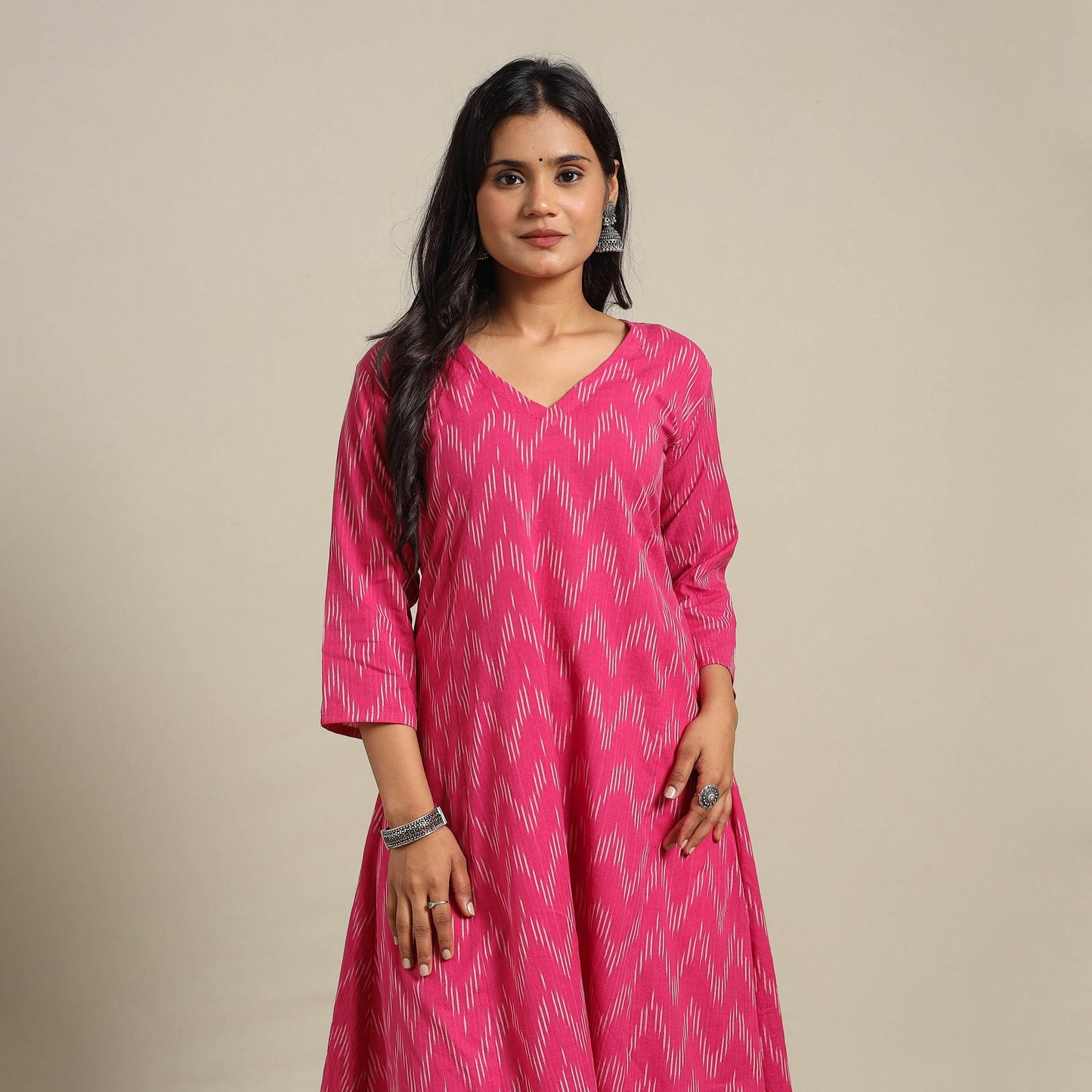 Pink Cotton A-Line Pochampally Ikat Kurta