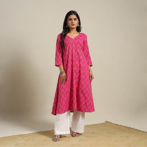 Pink Cotton A-Line Pochampally Ikat Kurta
