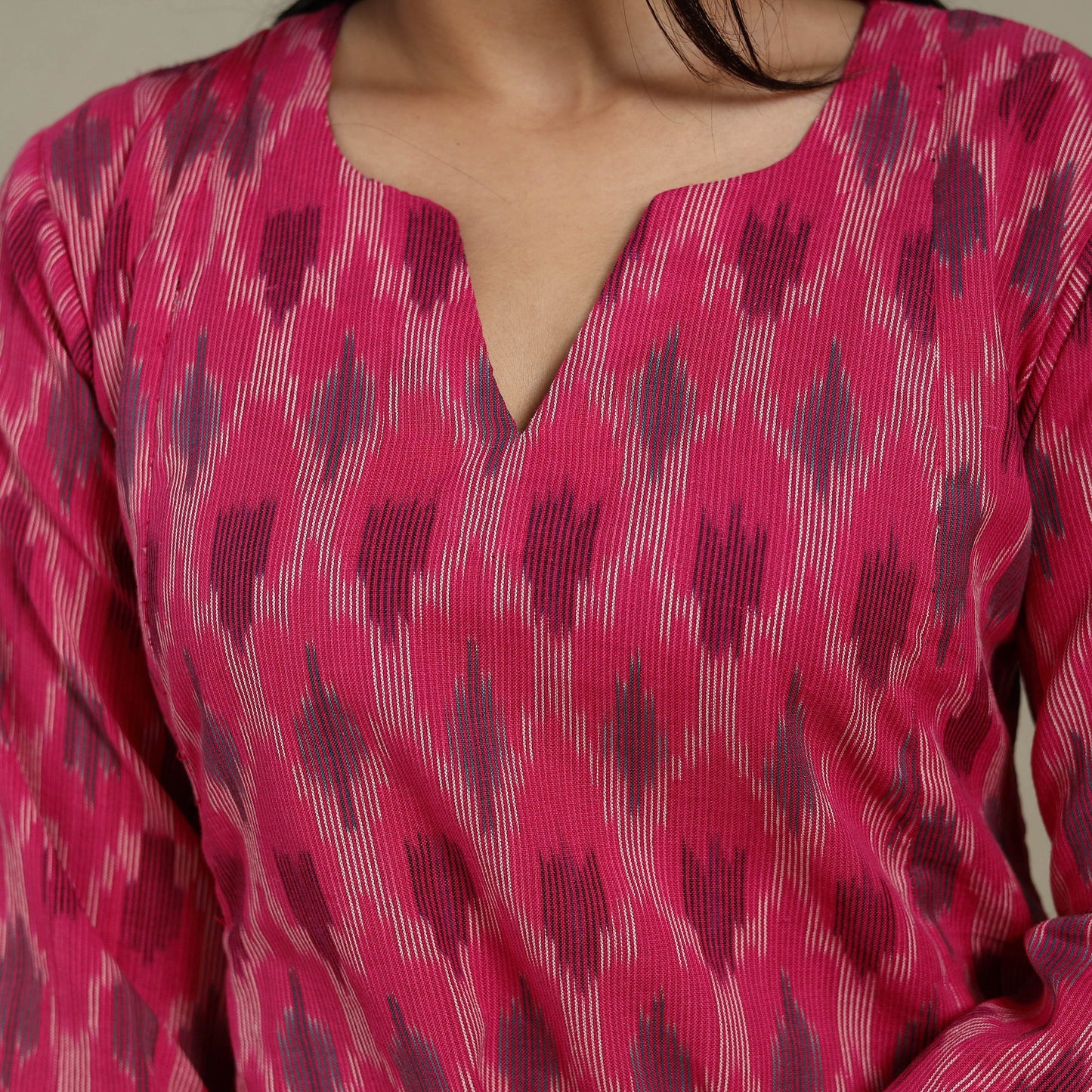 Pink - cotton a-line pochampally ikat kurta 15 - handcrafted