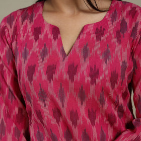 Pink - cotton a-line pochampally ikat kurta 15 - handcrafted