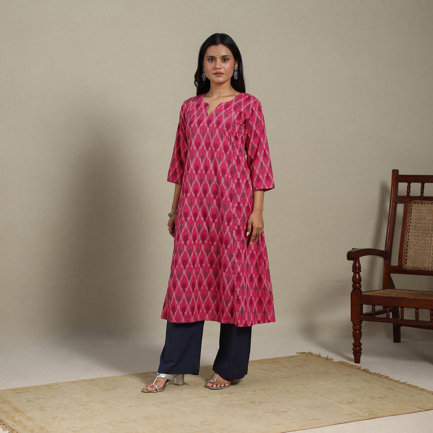 Pink - cotton a-line pochampally ikat kurta 15 - handcrafted
