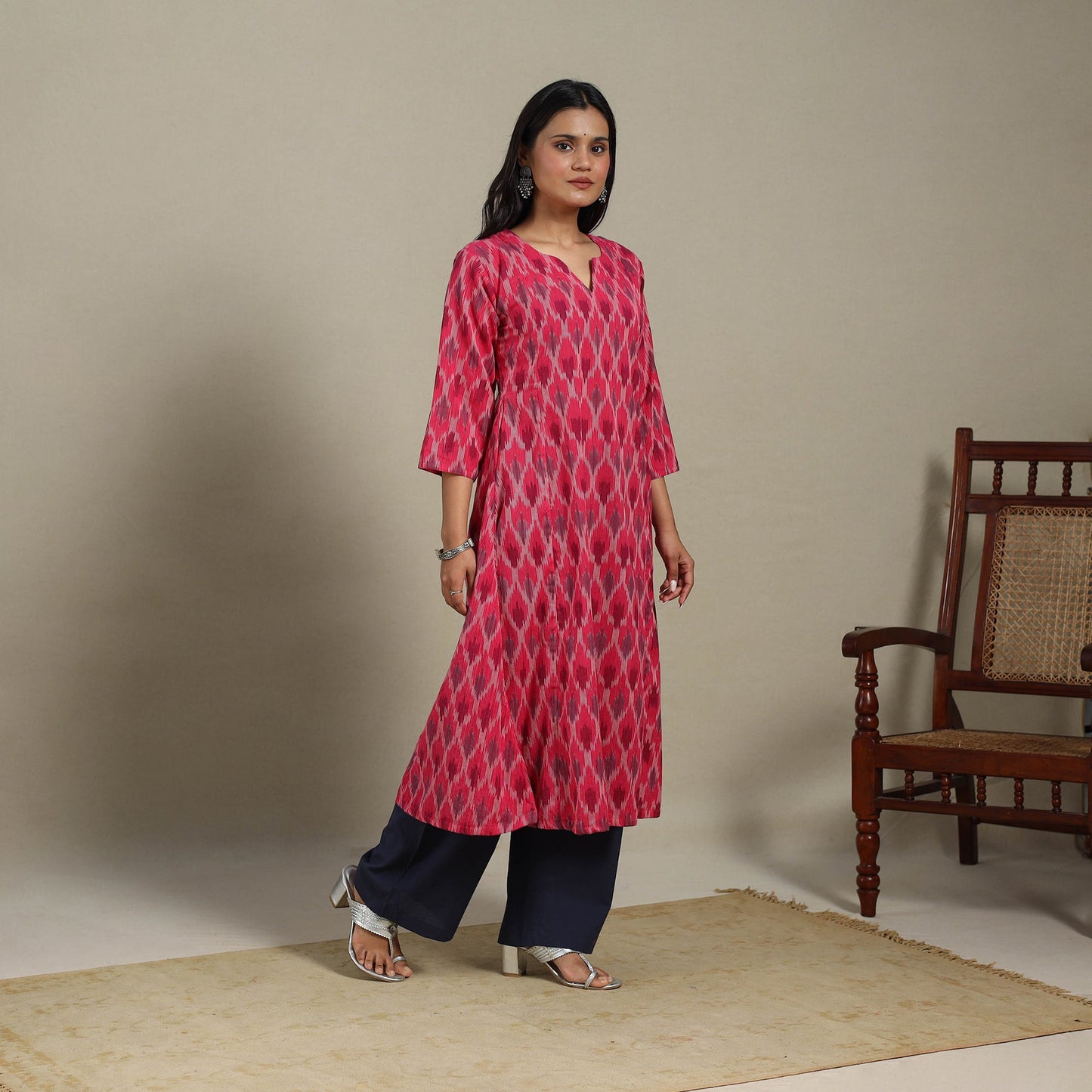 Pink - cotton a-line pochampally ikat kurta 15 - handcrafted