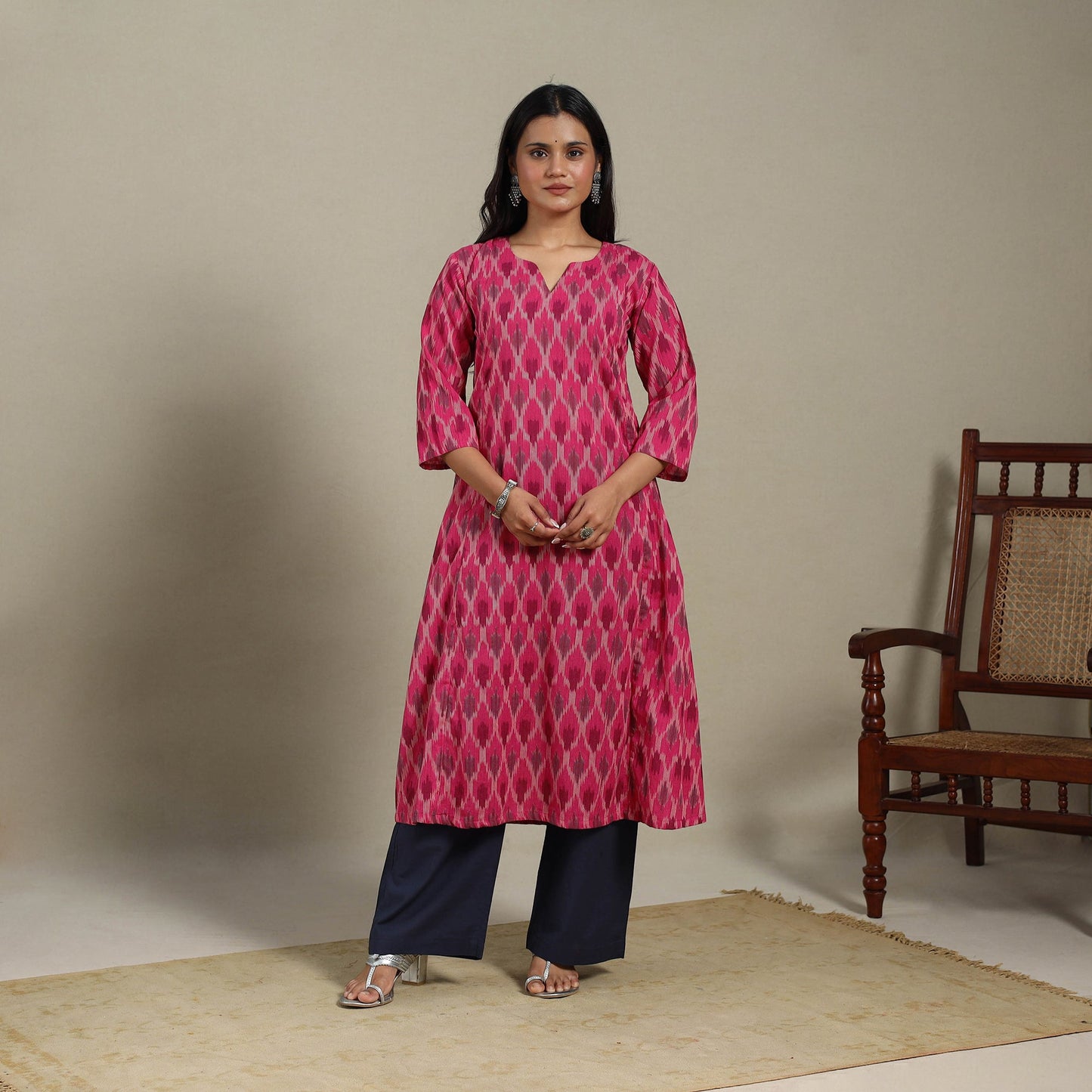 Pink - cotton a-line pochampally ikat kurta 15 - handcrafted