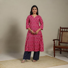 Pink - cotton a-line pochampally ikat kurta 15 - handcrafted