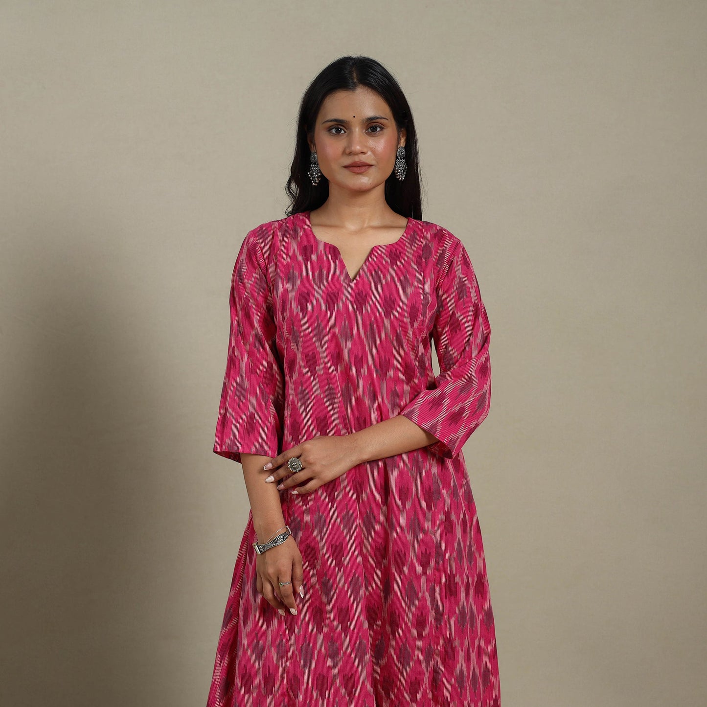 Pink - cotton a-line pochampally ikat kurta 15 - handcrafted