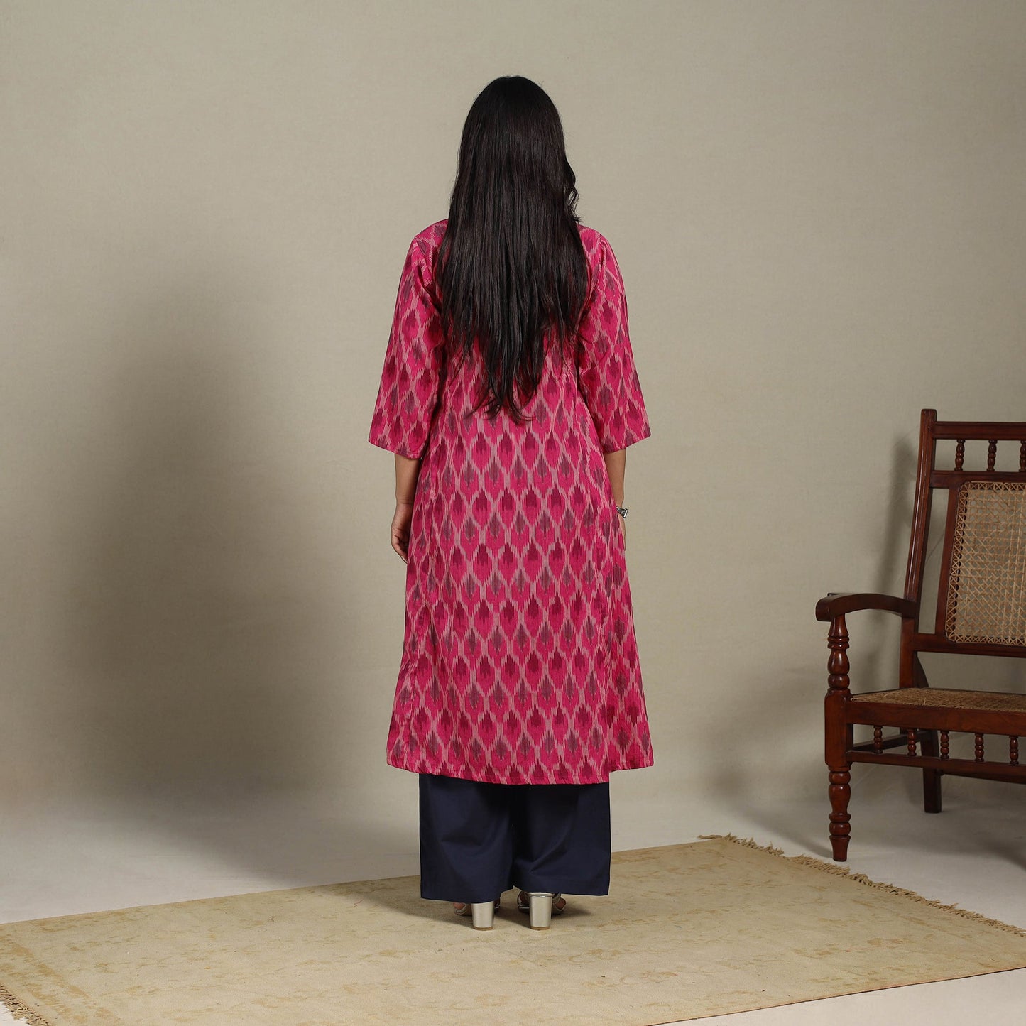 Pink - cotton a-line pochampally ikat kurta 15 - handcrafted