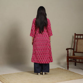 Pink - cotton a-line pochampally ikat kurta 15 - handcrafted