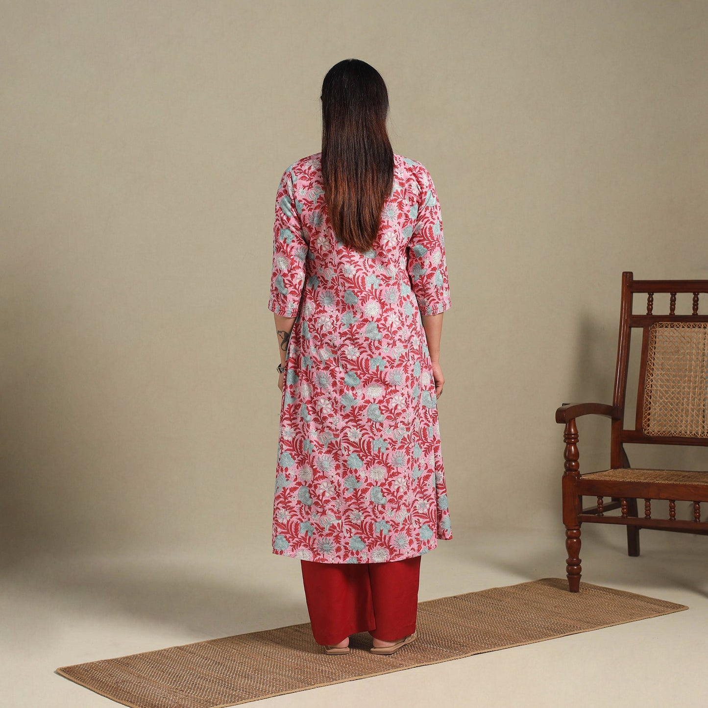 Pink - cotton a-line sanganeri kurta 03 - handcrafted