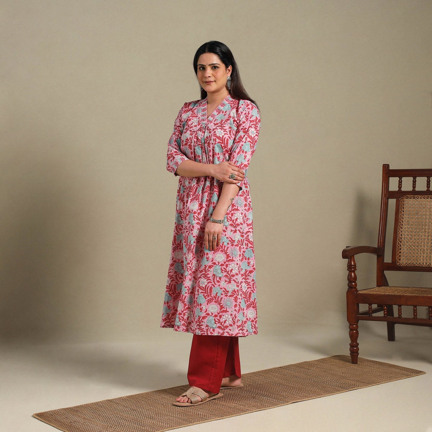Pink - cotton a-line sanganeri kurta 03 - handcrafted