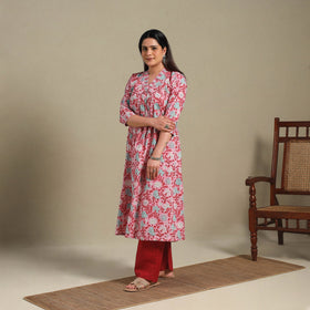 Pink - cotton a-line sanganeri kurta 03 - handcrafted