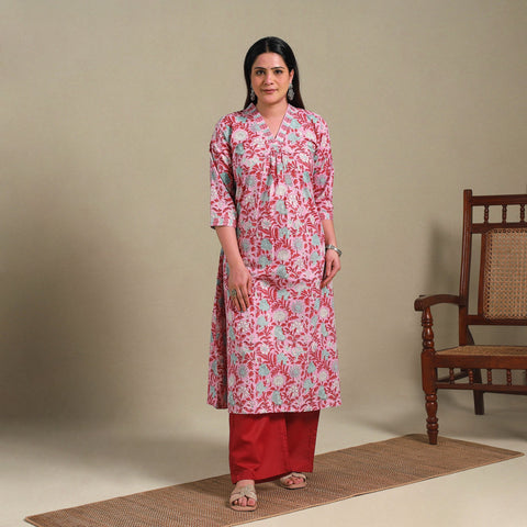 Pink - cotton a-line sanganeri kurta 03 - handcrafted