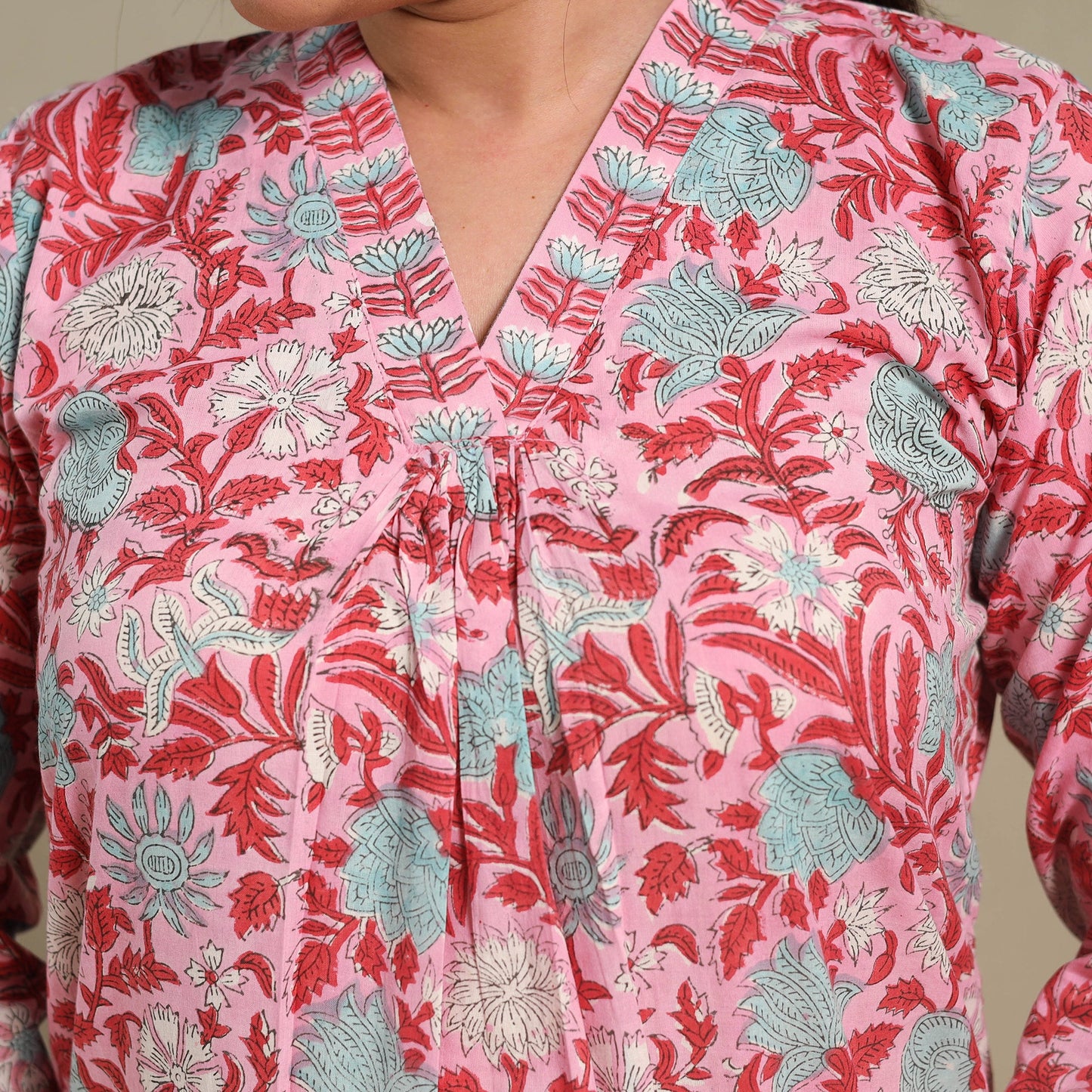 Pink - cotton a-line sanganeri kurta 03 - handcrafted