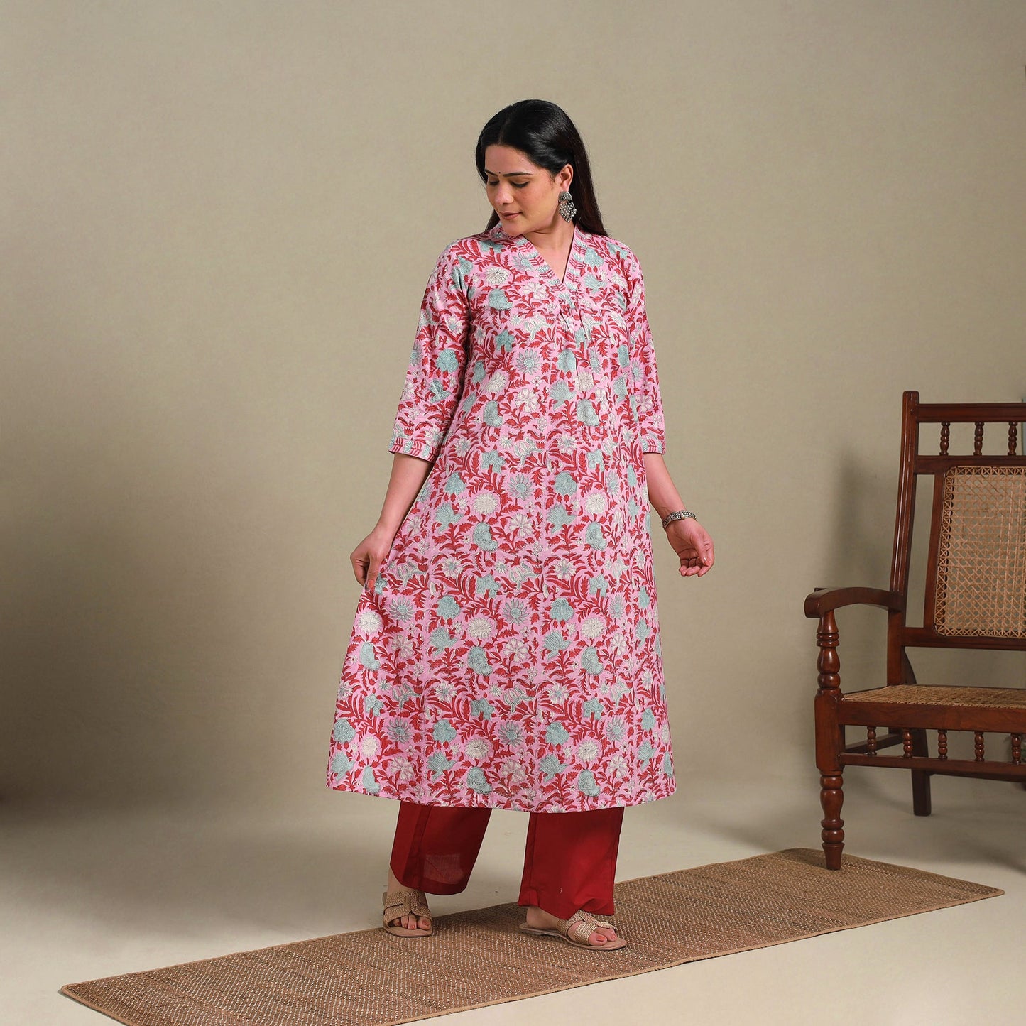 Pink - cotton a-line sanganeri kurta 03 - handcrafted