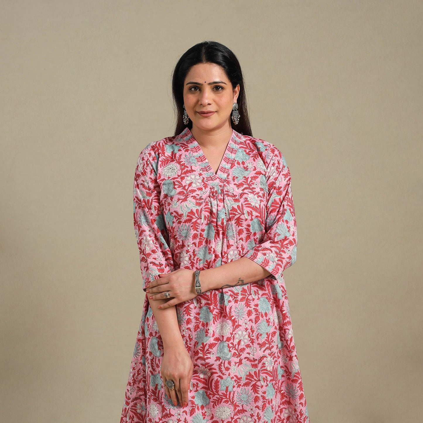 Pink - cotton a-line sanganeri kurta 03 - handcrafted