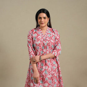 Pink - cotton a-line sanganeri kurta 03 - handcrafted