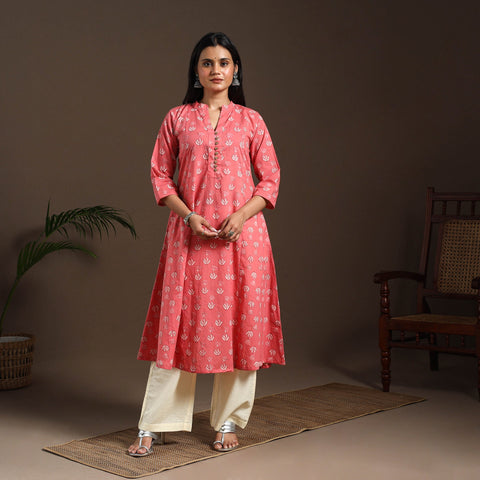 Pink - cotton a-line sanganeri kurta 04 - handcrafted